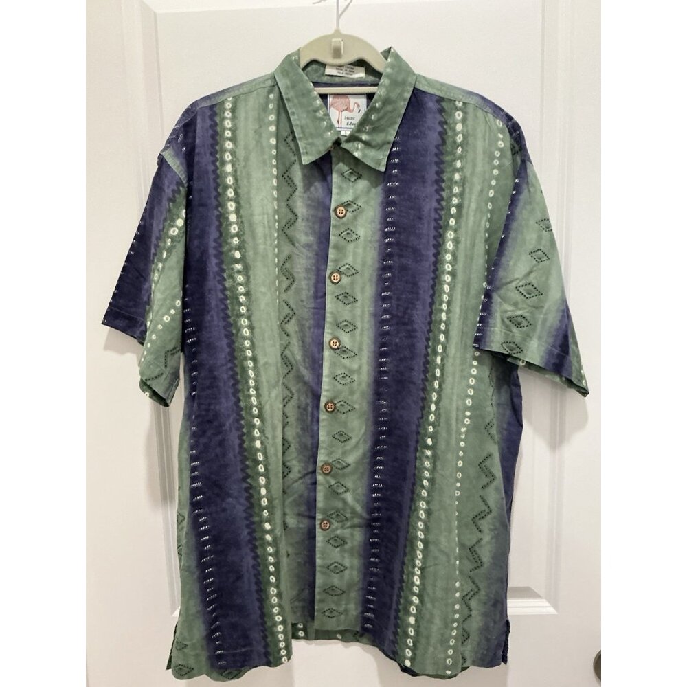 Marc Edwards Button Up Size Large S/S Green Purple White Vacation Casual